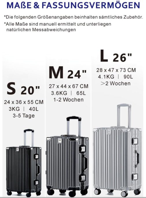 yuweijie Aluminium Frame Hand Luggage Suitcase with 4 Wheels · Hard Shells in 100% PC with Drink Holder · Travel Suitcase TSA Lock · Trolley for Business Trips, silver, M, Aluminium hard shell trolley – Bild 5