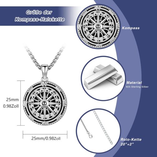 YueYuan Compass Necklace 925 Sterling Silver Compass Pendant Chain Necklace for Men Jewellery Gift for Men Women – Bild 2