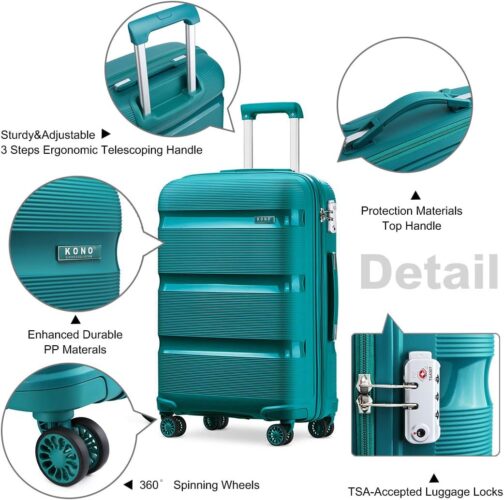 Kono TSA Hard Shell Suitcase Trolley Suitcase Polypropylene Luggage 8 Wheels, turquoise – Bild 7