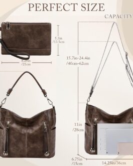 Chase Chic Women’s Handbag, Leather Shoulder Bag, Shopper Hobo Bags, Purse Set, Large Shoulder Bag with Removable Shoulder Strap, 2 Pieces, coffee