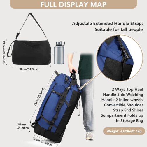 CONTAIL 86L Foldable Travel Backpack with Padded, Quilted Base, Waterproof, Foldable Travel Backpack with Extended Carry Handles, navy, travel bag – Bild 5