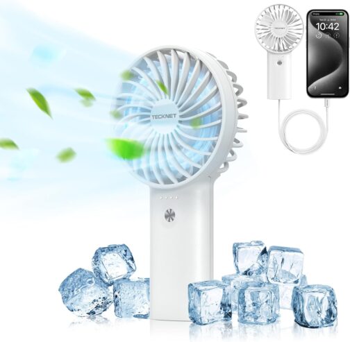 TECKNET Handheld Fan, Portable, 5200 mAh Handheld Fan, Battery Rechargeable, Mini Hand Fan with Power Bank, Small Fan with 3 Adjustable Speeds for Travel, Home, White