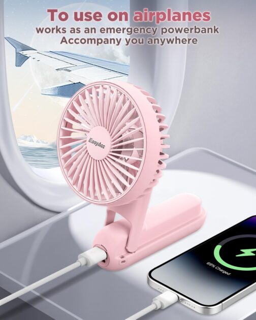 EasyAcc Handheld Fan, 5000 mAh Portable Mini Fan with 5 Speeds, 15 Hour Range and LED Display, Backup Power and Flashlight, 5-in-1 USB Fan for Travel, Office, Home, Pink – Bild 8