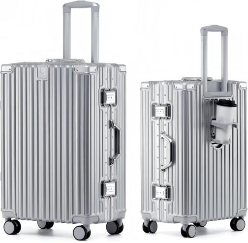 yuweijie Aluminium Frame Hand Luggage Suitcase with 4 Wheels · Hard Shells in 100% PC with Drink Holder · Travel Suitcase TSA Lock · Trolley for Business Trips, silver, M, Aluminium hard shell trolley