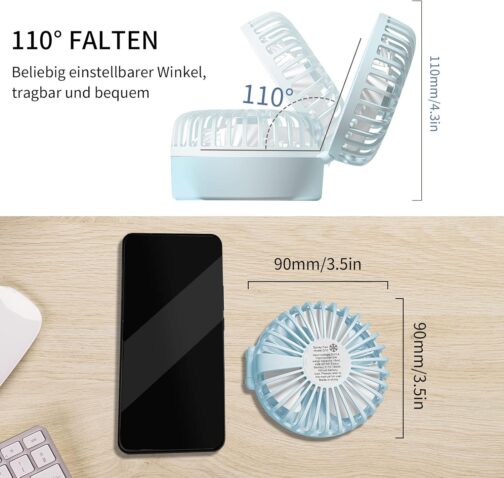 Handheld Fan, Portable Mini Fan with Cool Mist and Rechargeable Battery, Foldable Small Pocket Fan, 7 Colours Night Lights, USB Fan 3 Speeds for Travel, Office (Blue) – Bild 4