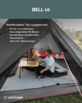 JUSTCAMP Bell Tipi Tent for Family Groups – 4 Sizes (4-12 People) – Waterproof (3,000 mm) – with Standing Height – 2 Colours (Grey, Mint)