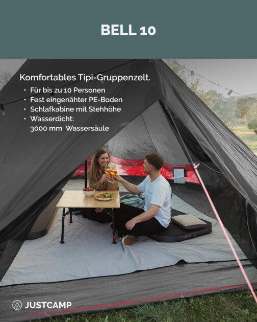 JUSTCAMP Bell Tipi Tent for Family Groups - 4 Sizes (4-12 People) - Waterproof (3,000 mm) - with Standing Height - 2 Colours (Grey, Mint) – Bild 2