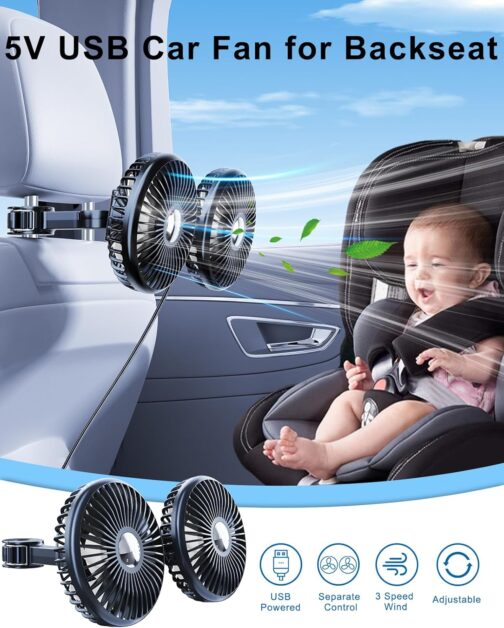 xuenair Car Rear Seat Fan, 360° Rotatable Car Seat Fan for Baby Back-Facing, 3 Speeds Separate Control, Car Cooling Fan, USB Car Fan for Vehicles, SUVs, RV – Bild 2