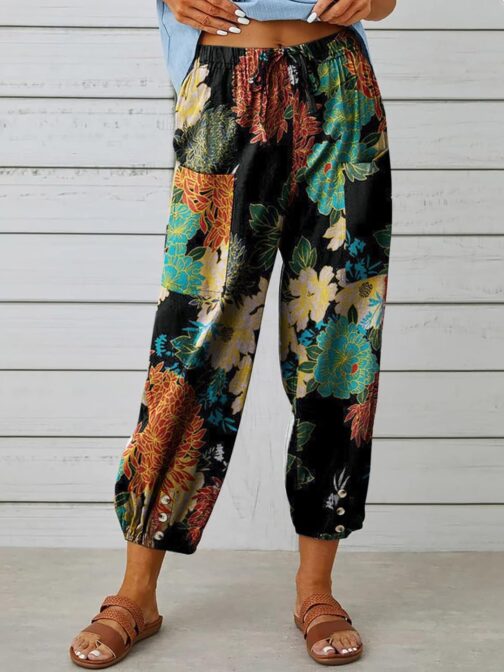 ABYOVRT Summer Trousers Women's Lightweight 7/8 Linen Trousers Loose Casual Trousers Women Wide Harem Trousers Waist Straight Leg Trousers Fabric Trousers with Pockets and Drawstring, S-XXL – Bild 3