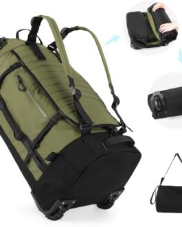Vomgomfom 29 Inch 86L Wheeled Travel Bag, Foldable Large Backpack with 2 Inline Wheels, Army Green