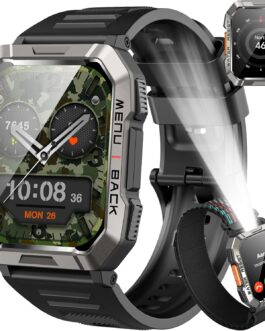 Men’s Military Smartwatch, 100 Day Battery Life, LED Torch, Compass, 2 Straps, IP68 Waterproof, 100+ Sports Modes, Sports Watch, Make Calls/Receive Smartwatch Outdoor Fitness Watch for Android iOS