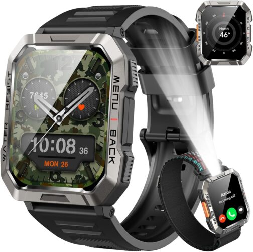Men's Military Smartwatch, 100 Day Battery Life, LED Torch, Compass, 2 Straps, IP68 Waterproof, 100+ Sports Modes, Sports Watch, Make Calls/Receive Smartwatch Outdoor Fitness Watch for Android iOS