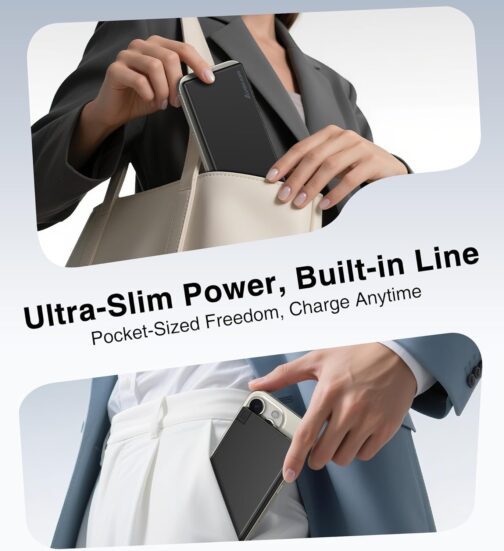Auskang Powerbank USB C with Cable 0.68 cm Ultra Slim Portable Charger Ultra Thin and Lightweight External Battery Compatible with iPhone 15, Samsuang, Xiaomi etc. Black – Bild 4