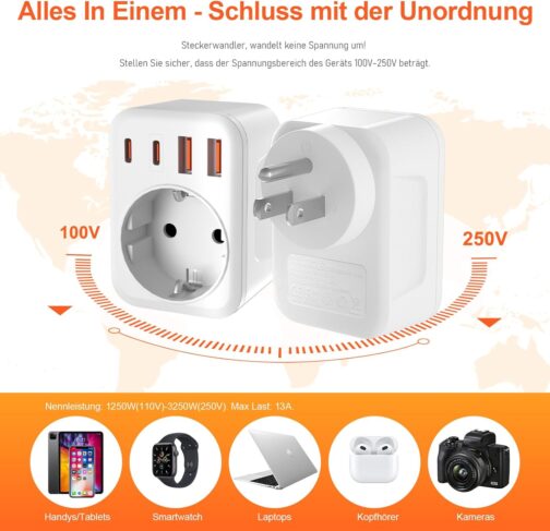 USA Adapter Socket, 5-in-1 Adapter USA Germany Plug with 1 AC 2 USB-C 2 USB-A (3.4 A), 3750 W Travel Adapter USA Adapter, EU to US Adapter for America, Canada, Thailand, Mexico (White/Type B) – Bild 5