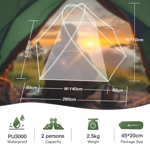 Forceatt Tent for 2 and 3 People in 4 Seasons, Ultralight for Camping, Backpacking, Hiking and Other Outdoor Activities, Double Doors, Waterproof, Easy to Set Up and Carry – Bild 2