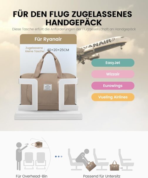 LOVEVOOK Ryanair Hand Luggage, Expandable Hand Luggage Bag for Airplane, Foldable Small Travel Bag, Cabin Travel Bag, Weekender Carry On Luggage for Men and Women, khaki, Modern – Bild 4