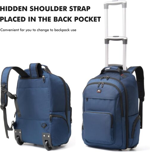 WIRABO Backpack with Wheels, 15.6 Inch Trolley Hand Luggage, Laptop Travel Bag with Wheels, Large Backpack for Men, Work, College, blue, Rucksack – Bild 6