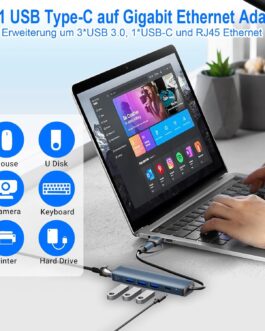 Loydia USB C LAN Adapter, 5 in 2 USBC Hub Ethernet, USB 3.0 to Gigabit RJ45 1000Mbps Ethernet LAN Network Adapter with 3USB 3.0 & 1USB Type-C Ports, Compatible for Laptop, PC with Windows/Mac OS/Linux