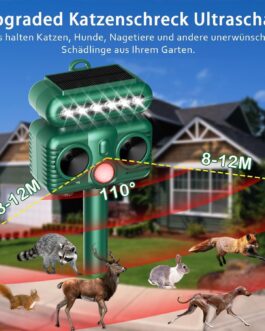 Cat Repeller Ultrasonic Animal Repellent, 4 Modes Solar Animal Repeller Cat Repeller with PIR Motion Sensor and LED Flashing Light, IP66 Waterproof Marten Deterrent for Cats, Dogs, Birds, Wild Animals