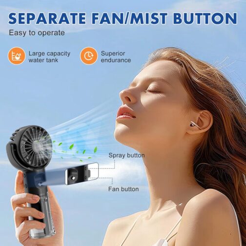 Xevinas Handheld Fan, Mini Fan with Water Mist, 4 Modes and Key Strap, 180° Adjustable, Portable Handheld Fan, Battery Rechargeable USB Fan Battery for Office, Travel, Camping – Bild 3