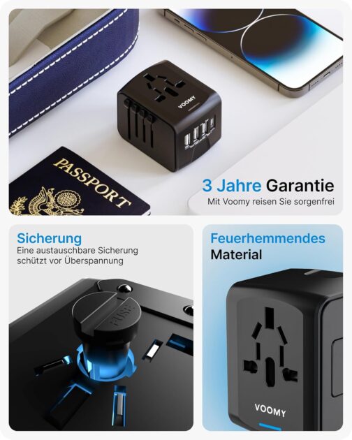 VOOMY Travel Adapter Worldwide, Universal Travel Plug with 3USB, 1USB, 1AC Socket, Travel Adapter Europe, USA, Mexico, Australia, Thailand, Travel Adapter USA, Travel Plug Adapter Worldwide, Travel – Bild 6