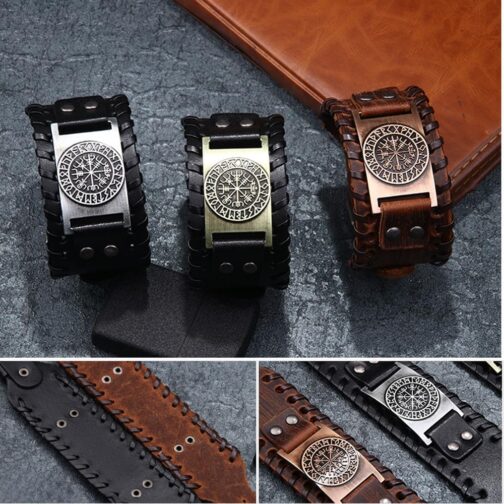 MAGIIE Herren Lederarmband Gotik Punk Rock Lederband,Kompass/Totem der Wikinger/Wolf/Baum des Lebens,Echtlederarmband Herren – Bild 2