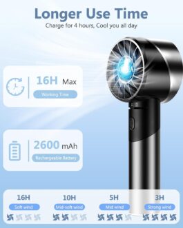 OUILA Handheld Fan, Mini Fan USB Rechargeable Portable Battery Fan with 4 Speeds Turbo Wind, 2600 mAh Max 16 Hours Small Hand Fan To Go for Travel Office Home Outdoor