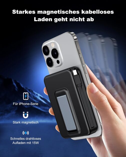 Macchiatto Powerbank für Magsafe,10000mAh Magnetische Power Bank Mit Typ-C-Kabel und Lightning-Kabel,PD 20W Schnellladen mit LED Display,Kabellos Akkupack für iPhone 16/15/14/13/12/Pro/Pro Max/Mini – Bild 4