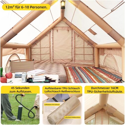 Aufblasbares Zelt 2-10 Personen, Inflatable Tent mit Rauchabzug, Camping Zelt Aufblasbar- 5 Minuten Aufbau, Luftzelt Aufblasbar Glamping Mit 2 großen Reißverschutztüren, Familienzelt Aufblasbar. – Bild 5