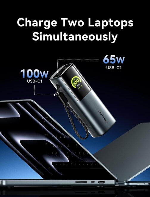 VENTION 20000 mAh Laptop Power Bank, 165 W Fast Charge, Digital Display & Emoji Animation, Integrated USB-C Cable, 2 x 100 W USB-C + USB-A, for iPhone 16/15/14/13 Pro Max, MacBook, Dell, HP, Galaxy – Bild 2