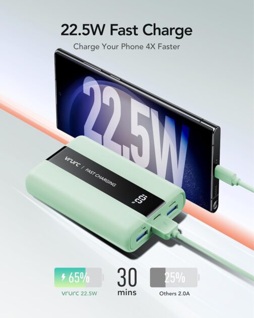 VRURC Powerbank 20000 mAh Small USB C Power Bank Fast Charging 22.5 W Mini External Battery Small but Strong Battery Pack Portable Charger Compatible with iPhone Samsung Tablet Huawei etc. (Green) – Bild 3