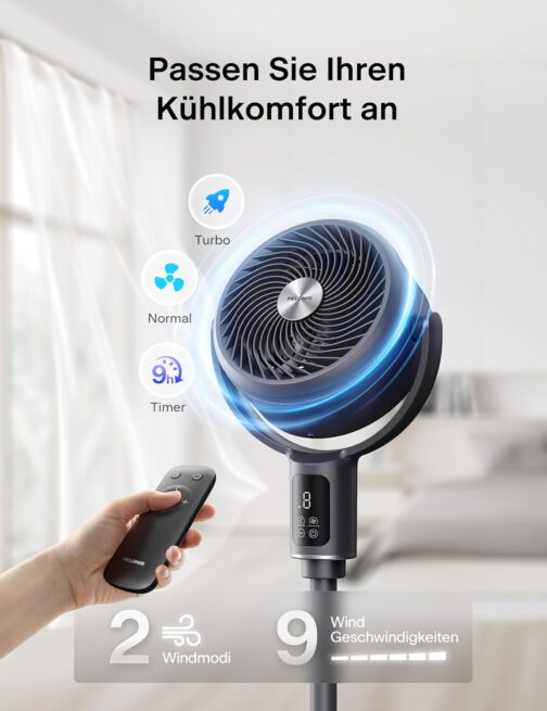 Pelonis Tower Fan with Remote Control, 20dB Quiet Floor Fan, 9 Levels & 9H Timer, Height Adjustable, 135° and 100° Oscillation, Energy Saving for Bedroom, Living Room – Bild 6
