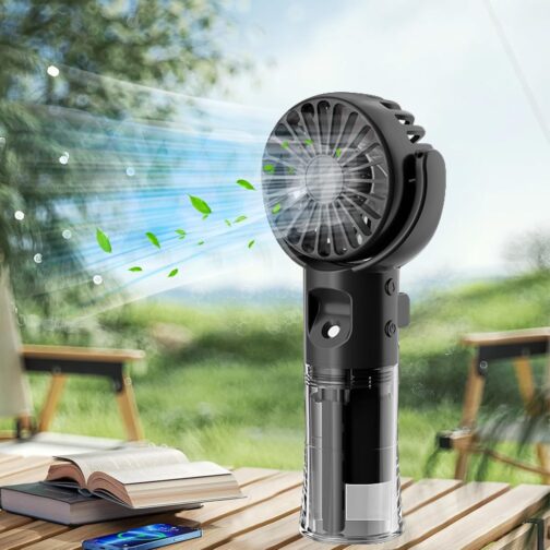 Xevinas Handheld Fan, Mini Fan with Water Mist, 4 Modes and Key Strap, 180° Adjustable, Portable Handheld Fan, Battery Rechargeable USB Fan Battery for Office, Travel, Camping