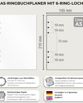 KOMPASS® Reading Notes, DIN A5 Inserts for Ring Binder Planner, 16 Inserts for Book Lists and Detailed Book Reviews, Journaling, Refill Inserts DIN A5 Format (14.5 cm x 21 cm)