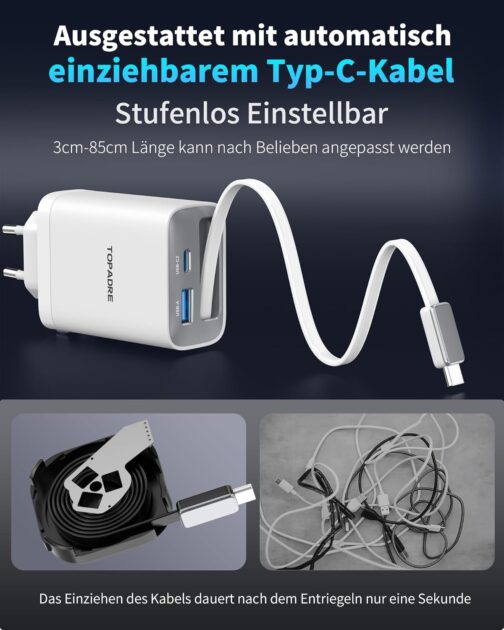 Retractable 65W Wall Charger with Cables, 3-Port USB Charging Block, 65W Quick Charge Charger for iPhone 16/15/14/13/12/11 Series, for iPad, Tablet, Galaxy and More, White – Bild 4