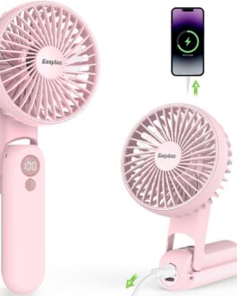 EasyAcc Handheld Fan, 5000 mAh Portable Mini Fan with 5 Speeds, 15 Hour Range and LED Display, Backup Power and Flashlight, 5-in-1 USB Fan for Travel, Office, Home, Pink