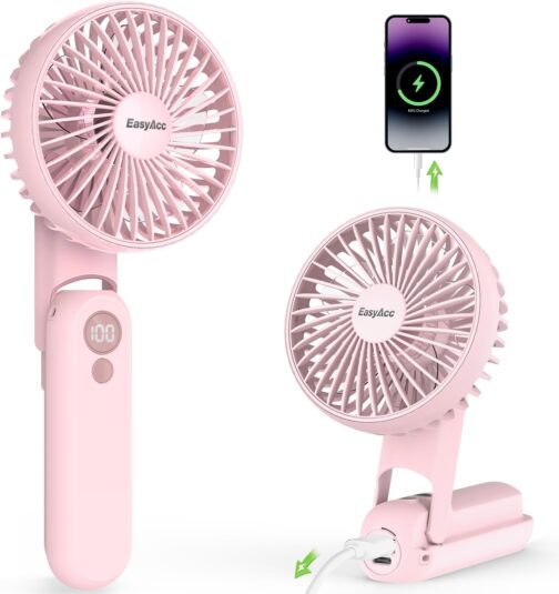 EasyAcc Handheld Fan, 5000 mAh Portable Mini Fan with 5 Speeds, 15 Hour Range and LED Display, Backup Power and Flashlight, 5-in-1 USB Fan for Travel, Office, Home, Pink