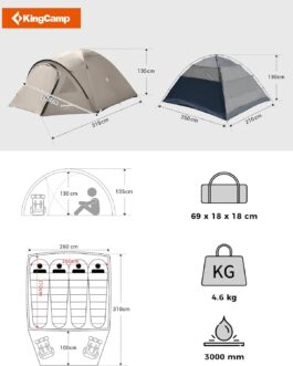 KingCamp Camping Zelt für 4 Personen Geräumig Trekkingzelt PU3000mm Wasserdichtes Kuppelzelt 4 Jahreszeiten Ultraleicht Zelte für Camping, Trekking und Outdoor-Aktivitäten