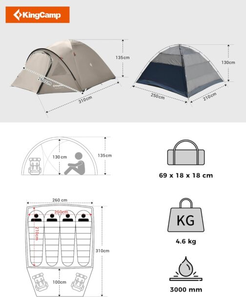 KingCamp Camping Zelt für 4 Personen Geräumig Trekkingzelt PU3000mm Wasserdichtes Kuppelzelt 4 Jahreszeiten Ultraleicht Zelte für Camping, Trekking und Outdoor-Aktivitäten – Bild 2