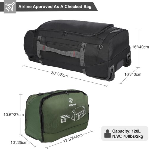 REDCAMP Foldable Duffle Bag with Wheels, Waterproof Extra Large Travel Duffle Bag Luggage with Wheels for Travel, Dark black-120l, With wheels – Bild 2
