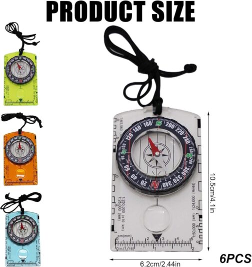 6 Pack Outdoor Compass with Adjustable Declination, Pocket Compass with Magnifying Glass, Ruler, Scale, Multifunctional Pocket Compass for Children, Waterproof Compass for Hiking, Camping and Other – Bild 2