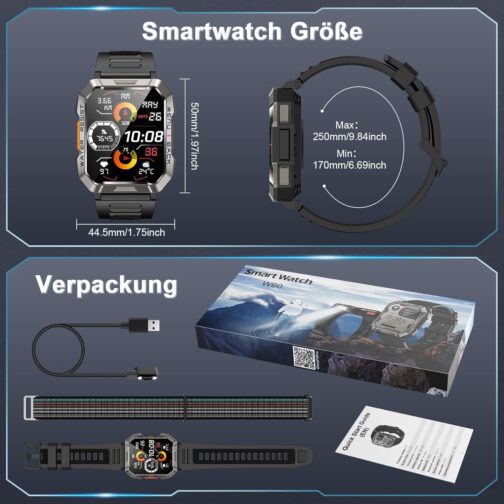 Men's Military Smartwatch, 100 Day Battery Life, LED Torch, Compass, 2 Straps, IP68 Waterproof, 100+ Sports Modes, Sports Watch, Make Calls/Receive Smartwatch Outdoor Fitness Watch for Android iOS – Bild 6