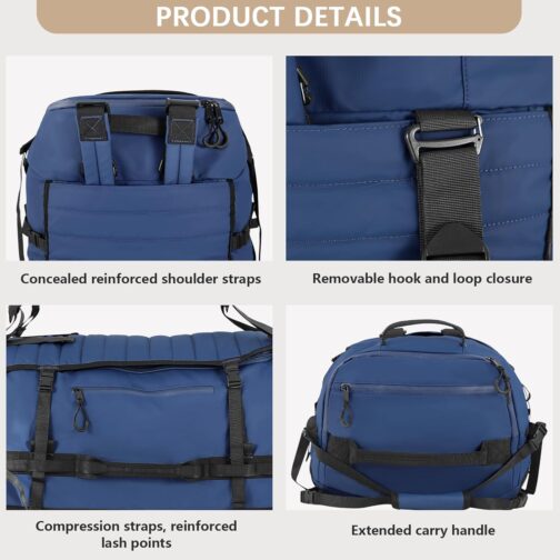 CONTAIL 86L Foldable Travel Backpack with Padded, Quilted Base, Waterproof, Foldable Travel Backpack with Extended Carry Handles, navy, travel bag – Bild 7