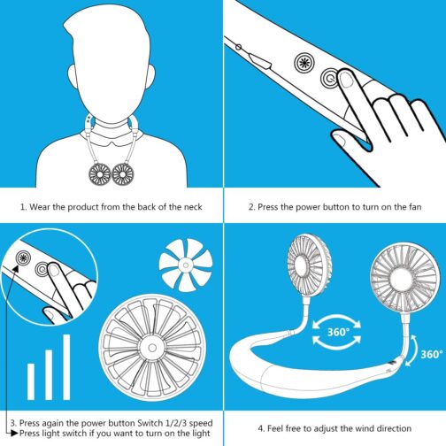 Portable Fan, Mini USB Fan Hands, Rechargeable, Neck Band / Desk Fan, 3 Speeds, LED Light, pink – Bild 7