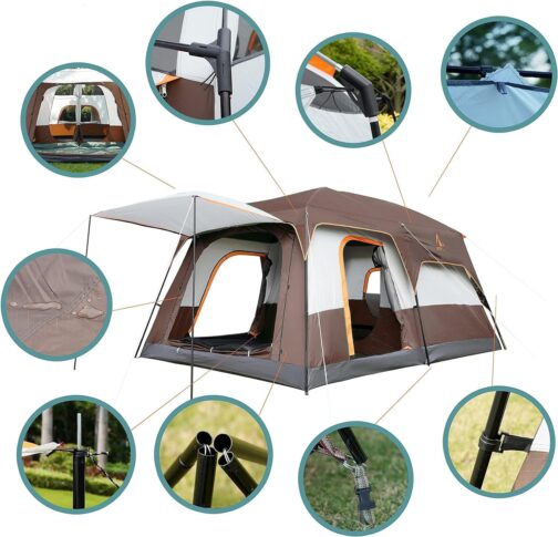 KinZon Camping Tent for 10 Person Waterproof Large Family Tent with 2 Bedrooms, 6 Large Mesh Windows for Picnic, Camping – Bild 7