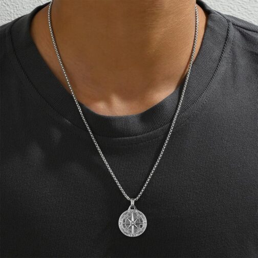 MIRKUZI Men's Necklace with Pendant Men's Chain Compass Pendant Birthday Gift for Men Boys (Silver) – Bild 5