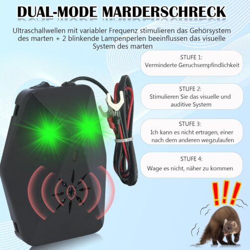 Warmfay Marten deterrent car, 2 modes with multi-frequency ultrasound and flash light, efficient long-term marten defense, 12 V car battery connection, automatic marten repellent device for engine – Bild 3