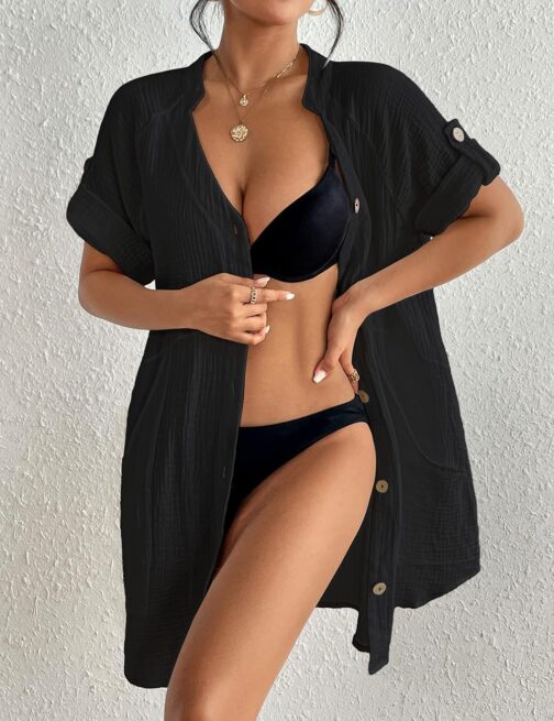 Bsubseach Cover Ups for Swimwear Women Short Sleeve Swimsuit Coverup with Pockets – Bild 2