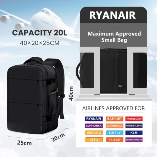 KIRFEIHT Hand Luggage 40 x 20 x 25 for Ryanair - 20L Cabin Bag Backpack Underseat Travel Hand Luggage Backpack, black, Practical: – Bild 2