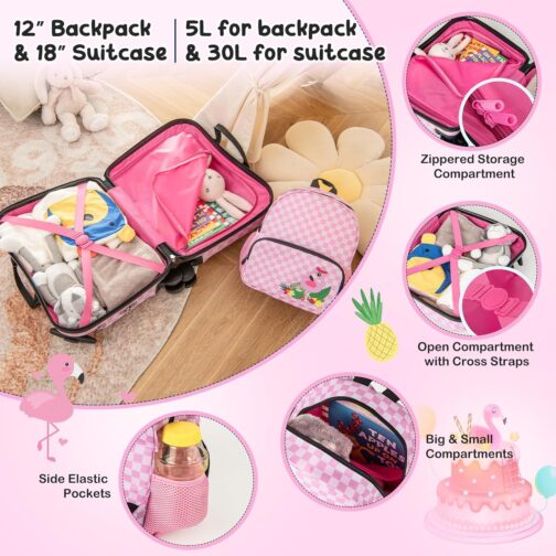 COSTWAY 2-Piece Children's Suitcase + Backpack, 12 Inch + 18 Inch Children's Trolley with Wheels & Waterproof Hard Shell, Children's Luggage with Carry Strap, Rope & Footrests, Rolling Suitcase for – Bild 4
